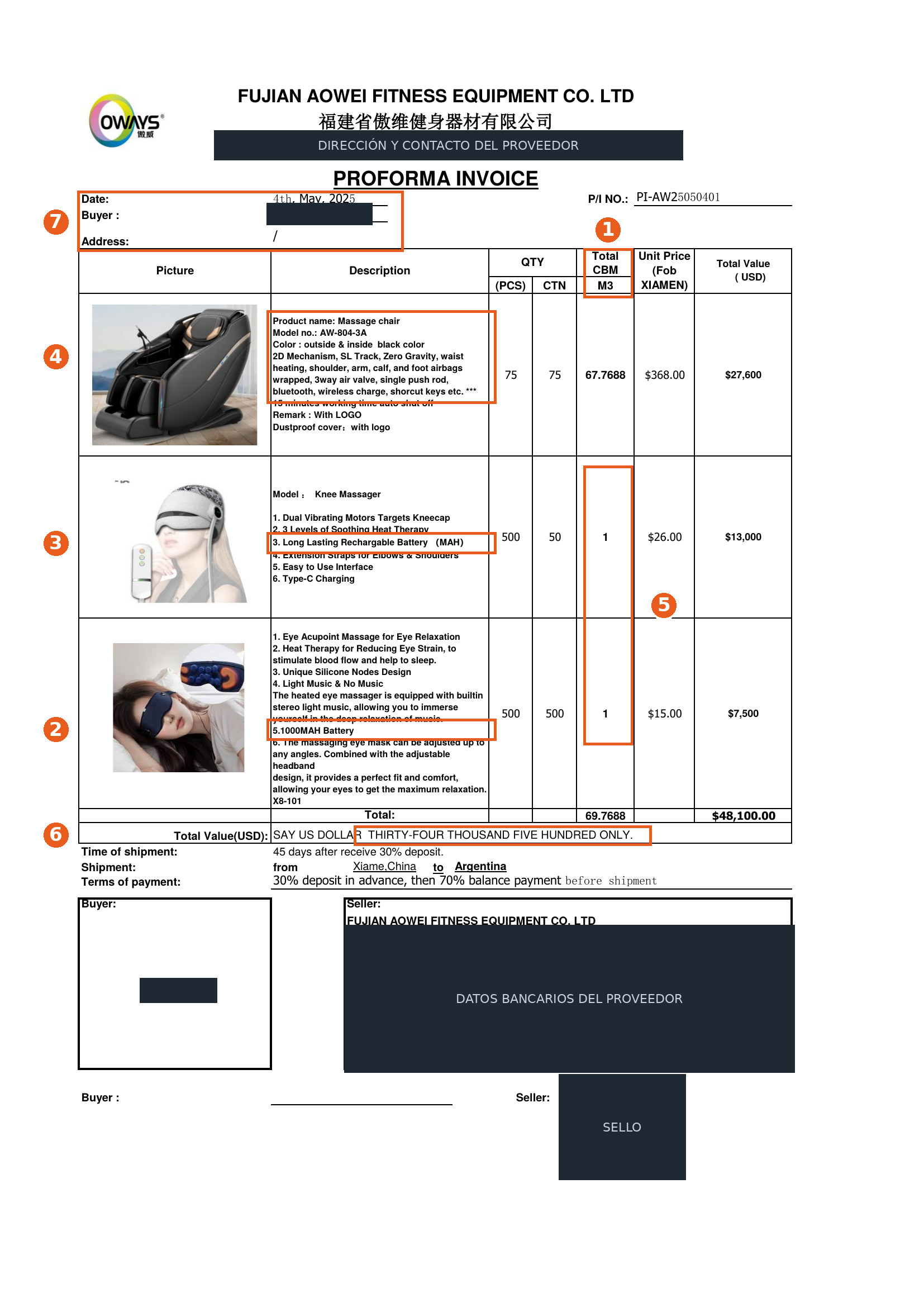 Proforma invoice de un fabricante de Xiamen: sillón de masajes, masajeador de rodilla y antifaz masajeador de ojos